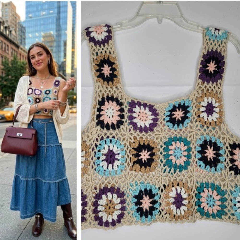 Rebellion Again Crochet Granny Square TankTop S Boho-Chic Retro Cottage Festival